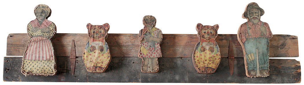 Black Americana, Aunt Jemima ball toss game adapted: Black Americana, Aunt Jemima ball toss game adapted from rag dolls, a fun display, fabric on wood, Good cond w/some overall wear, 17"H x 67.5"W x 2.5"D.