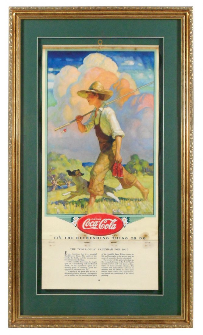 Coca-Cola calendar, c.1937, "Drink Coca-Cola it's the: Coca-Cola calendar, c.1937, "Drink Coca-Cola it's the refreshing thing to do," boy w/fishing pole & dog, VG+ cond w/minor staining near staples, complete pad, prof framed 32.5"H x 19"W.