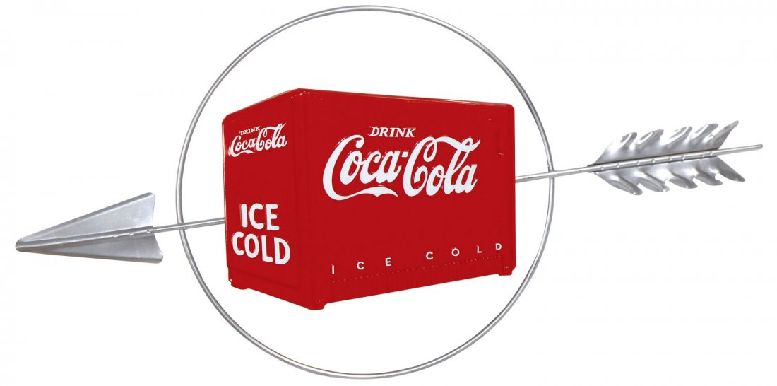 Coca-Cola metal sign, cooler w/arrow, c.1930's, mfgd by: Coca-Cola metal sign, cooler w/arrow, c.1930's, mfgd by Kay Displays, Exc restored cond, 13"H x 32"W.