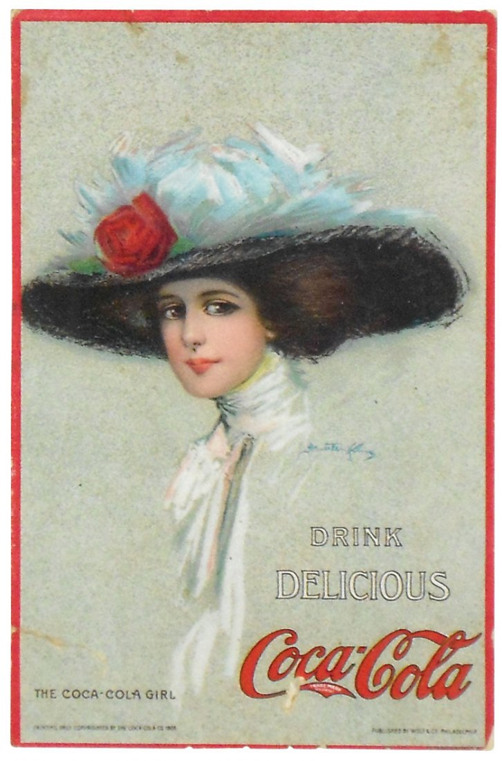 Coca-Cola post card, "The Coca-Cola Girl", c.1910,: Coca-Cola post card, "The Coca-Cola Girl", c.1910, pretty girl in dark hat w/rose, "Drink Delicious Coca-Cola", VG cond w/minor edge wear on border, slit by lower case "c" in "Coca" & .25"L crease at