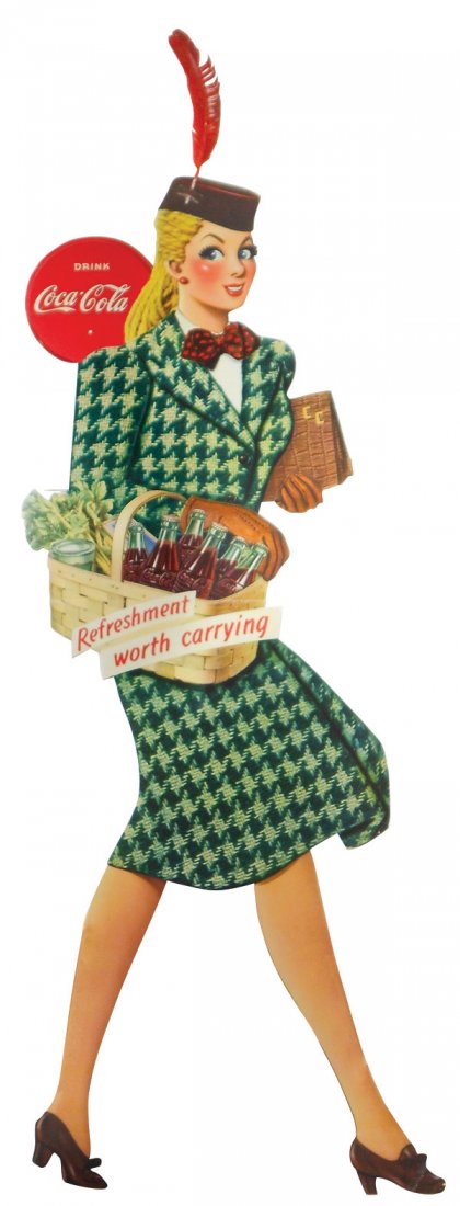 Coca-Cola cdbd cutout w/easel back, life size "Woman: Coca-Cola cdbd cutout w/easel back, life size "Woman Shopper", Exc cond w/orig feather in hat, 62.5"H x 25.5"W.
