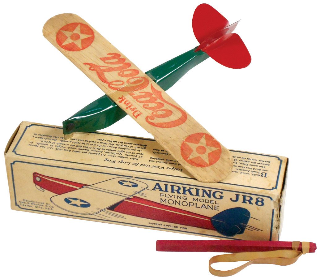 Coca-Cola toy airplane, "Airking JR8", green & red: Coca-Cola toy airplane, "Airking JR8", green & red celluloid plane body w/wood wing "Drink Coca-Cola," c.1930's, Rare, Near-Mint cond w/very minor soiling on wood wing & slight wear on orig box, incl 