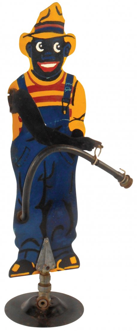 Black Americana, "Sprinklin Sambo", lawn sprinkler,: Black Americana, "Sprinklin Sambo", lawn sprinkler, Dapco Prod.-Defiance, O., Exc orig cond w/articulated arm, 30"H x 8"W.