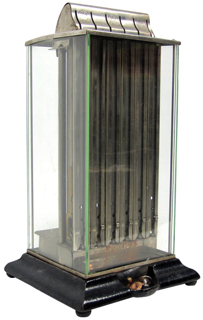 Coin-operated Zeno Collar Button dispenser, mfgd by: Coin-operated Zeno Collar Button dispenser, mfgd by Zeno Button Co.-Ind, Ind., patd 1907 & 1908, orig paint, 1" chip on top corner of back glass panel & 2 smaller chips at glass base (not seen), overa