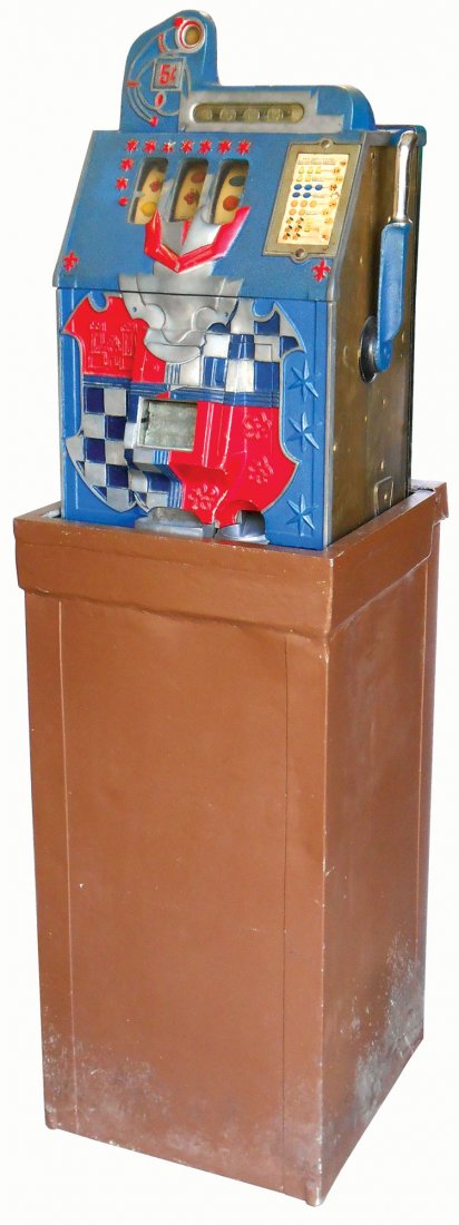 Coin-operated slot machine, Mills Silent Mystery, 5: Coin-operated slot machine, Mills Silent Mystery, 5 Cent, on orig metal stand, c.1930's, VG working cond, 57"H x 17"W x 18"D.