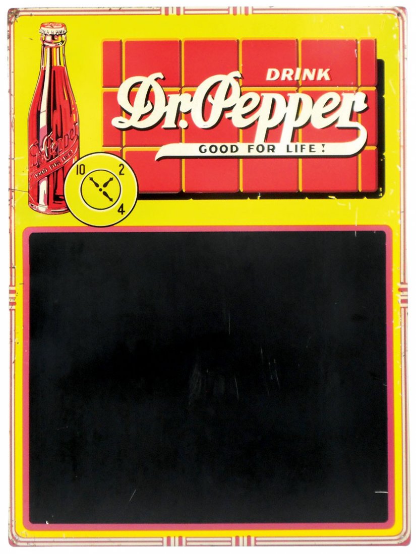 Soda fountain menu board, "Drink Dr. Pepper, Good for: Soda fountain menu board, "Drink Dr. Pepper, Good for Life," litho on metal w/cdbd back & 10, 2, 4 graphic, some scuffs o/wise VG cond, 23.25"H x 17.25"W.