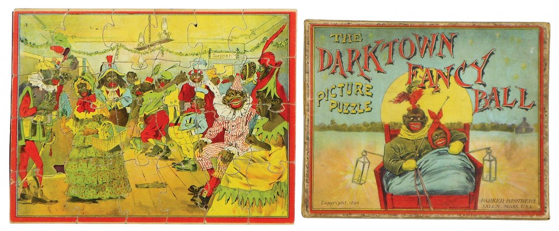 Black Americana puzzle, colorful Parker Brothers: Black Americana puzzle, colorful Parker Brothers Darktown Fancy Ball, c.1894, Exc cond w/orig box, 8.5"H x 11"W.