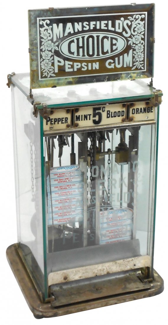 Coin-operated machine, Mansfield's Choice Pepsin Gum,: Coin-operated machine, Mansfield's Choice Pepsin Gum, cast metal base w/etched glass face & mirrored marquee, dispensed 5 Cent pkgs, c.1910, VG+ to Exc cond, 17"H x 8"Sq.