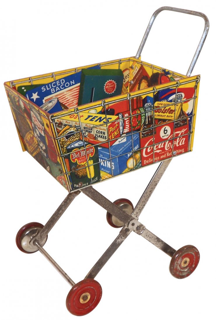 Coca-Cola toy shopping cart, metal & Masonite: Coca-Cola toy shopping cart, metal & Masonite w/colorful lithos of Coca-Cola 6-pack & other products, bell rings when cart moves, c.1950's, Exc cond, 21"H x 8.5"W x 11.5"D.