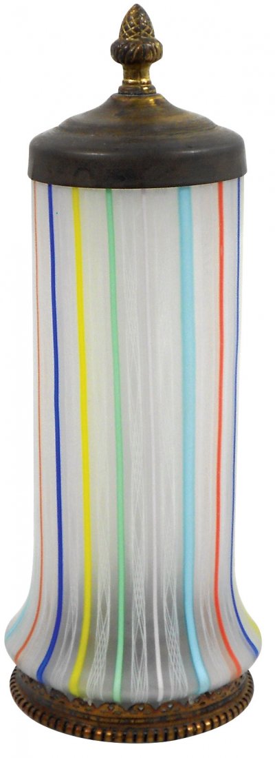 Soda fountain straw holder, colorful blown art glass: Soda fountain straw holder, colorful blown art glass striped holder w/metal base & lid, metal lid has a 1/4" split, o/wise in Exc cond, 13"H.