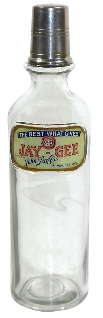 Soda fountain syrup bottle, Jay-Gee LUG soda fountain: Soda fountain syrup bottle, Jay-Gee LUG soda fountain back bar bottle w/pour cap, Exc cond, 12"H x 3.25"Dia.