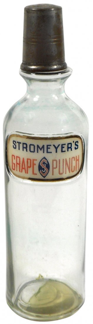 Soda fountain syrup bottle, Stromeyer's Grape Punch LUG: Soda fountain syrup bottle, Stromeyer's Grape Punch LUG soda fountain back bar bottle w/pour cap, VG cond, 12.5"Hx 3.25"W.