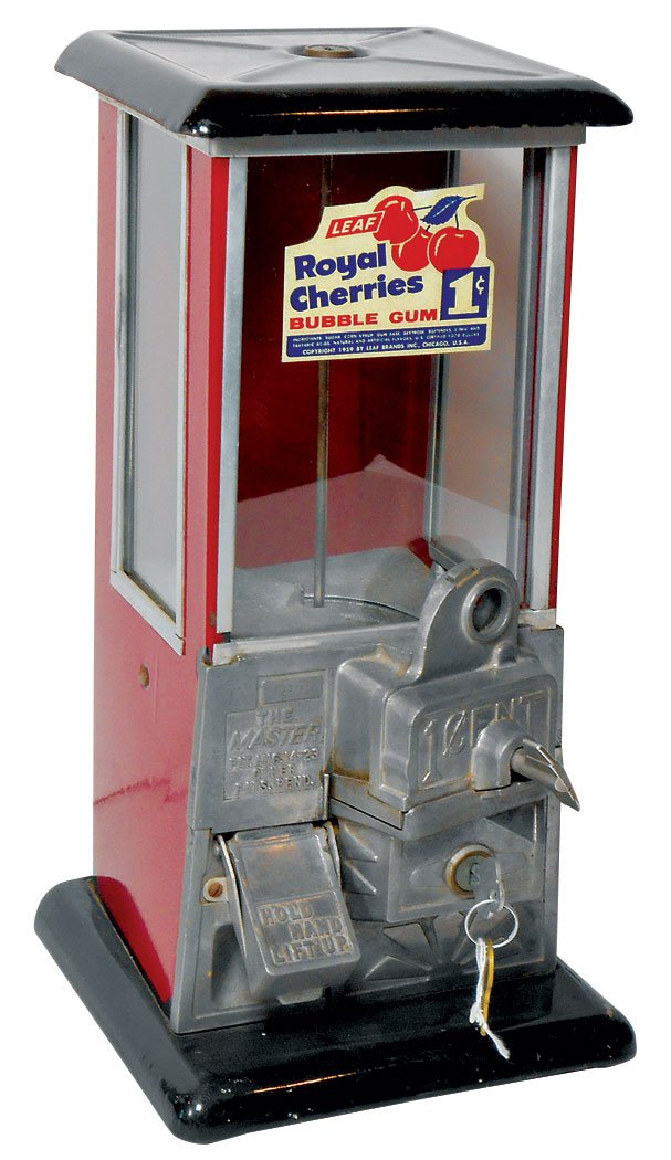 Coin-operated gumball machine, The Master, 1 Cent, Exc: Coin-operated gumball machine, The Master, 1 Cent, Exc cond w/Leaf Royal Cherries 1959 Bubble Gum decal, has key, 16"H x 8"W.