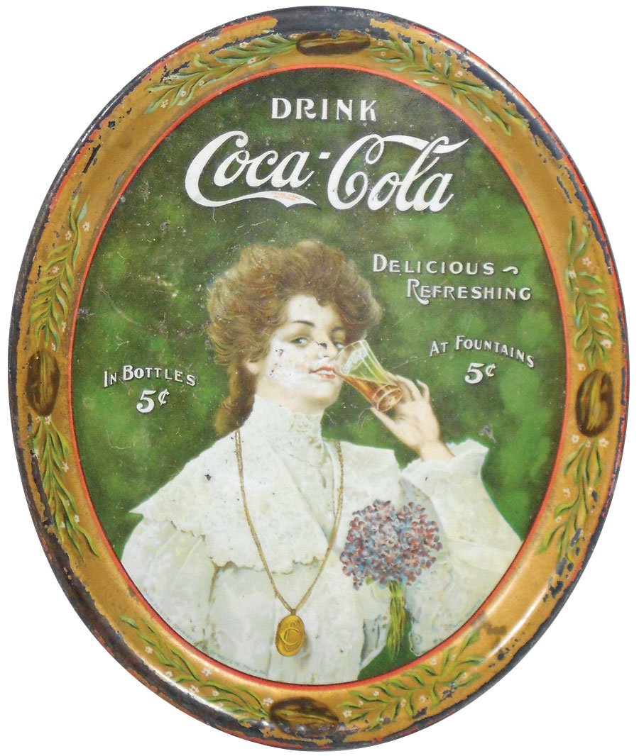 Coca-Cola serving tray, c.1906, "Juanita" w/glass,: Coca-Cola serving tray, c.1906, "Juanita" w/glass, "Drink Coca-Cola Delicious Refreshing In Bottles 5 Cents At Fountains", oval, litho on metal, Good/VG cond w/paint loss on rim & some light fading, 1
