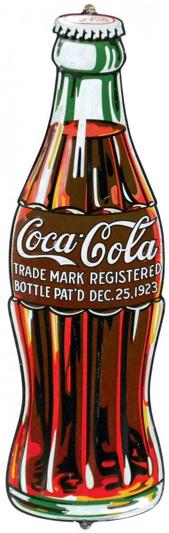 Coca-Cola sign, Christmas bottle, litho on embossed: Coca-Cola sign, Christmas bottle, litho on embossed metal by American Art Works Co, c.1933, VG+ cond w/minor wear, 39"H x 11.5"W.