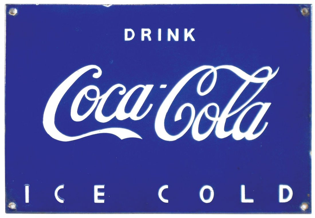 Coca-Cola sign, porcelain, made for the English market,: Coca-Cola sign, porcelain, made for the English market, c.1940's-50's, unusually heavy, VG+ cond w/minor wear on edge & mounting holes, 11"H x 16"W.