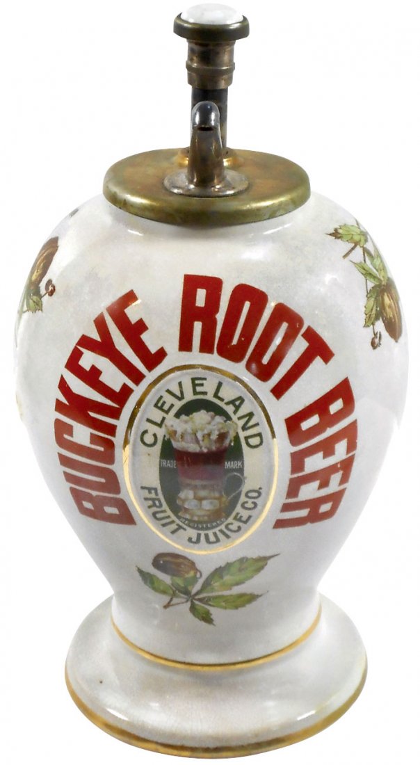 Syrup dispenser, Buckeye Root Beer-Cleveland Fruit: Syrup dispenser, Buckeye Root Beer-Cleveland Fruit Juice Co., c.1910, old plunger pump w/blank button insert, colorful advertising & mug graphics on both front & back, VG cond w/overall foxing due to 