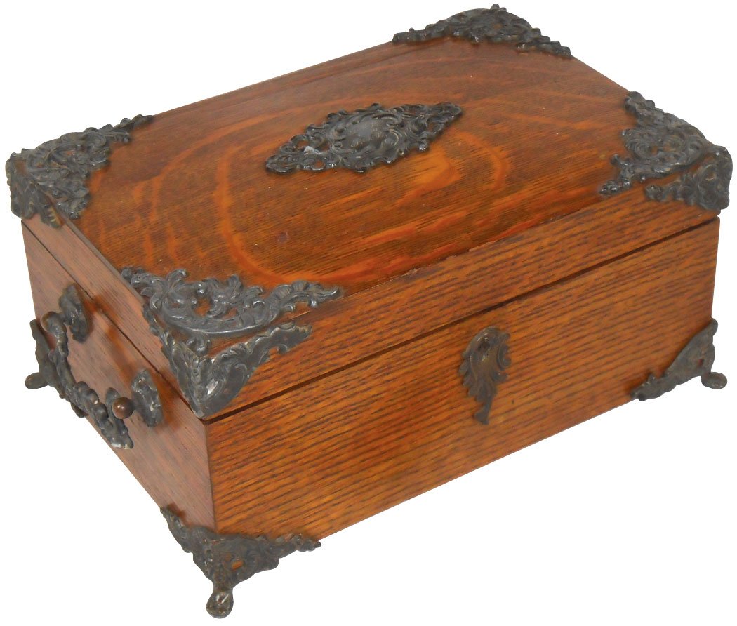 Cigar humidor, oak w/ornate iron filigree trim,: Cigar humidor, oak w/ornate iron filigree trim, personalized RRW from TJB, metal lined, stamped patd 1882 C.N. Swift, NY, has lock but no key, Exc cond, 6"H x 11"W x 8"D.