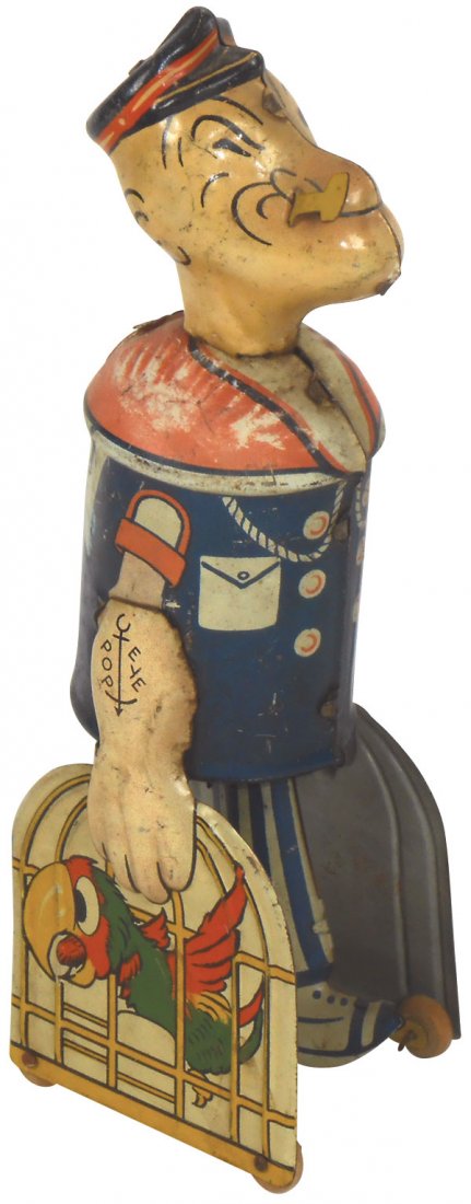 Toy, Popeye w/Parrot Cages, litho on tin wind-up by: Toy, Popeye w/Parrot Cages, litho on tin wind-up by Louis Marx, complete w/pipe, VG working cond, 8.5"H.
