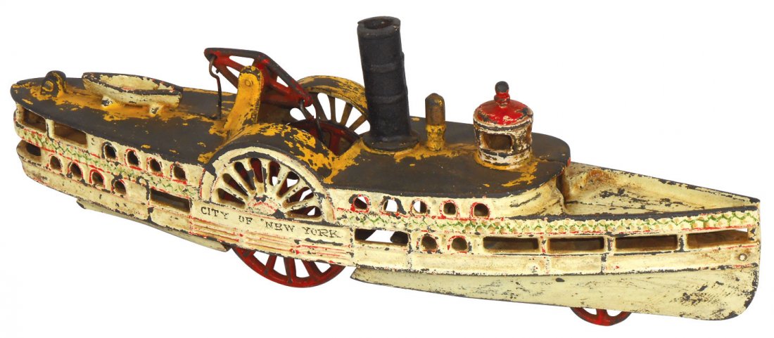 Toy, paddlewheel, "City of New York", cast iron w/orig: Toy, paddlewheel, "City of New York", cast iron w/orig paint, VG/Exc cond, 5.5"H x 15"L.
