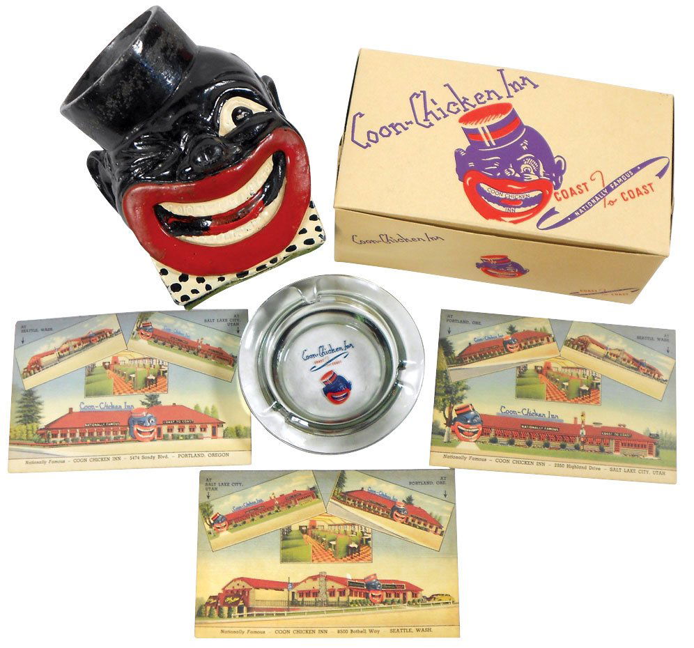 Black Americana, Coon Chicken Inn items (6),: Black Americana, Coon Chicken Inn items (6), composition figural toothpick holder, 3 post cards, glass ashtray & cdbd take-out box, Exc cond w/minor wear, 3"H x 7"W x 4"D.
