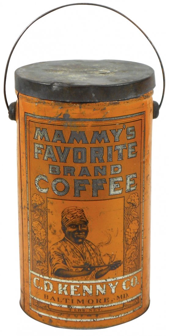 Black Americana, C.D. Kenny Company Mammy’s Favorite: Black Americana, C.D. Kenny Company Mammy’s Favorite Brand Coffee pail w/lid, 4# size, Good/VG cond w/surface scratching & paint wear, 11"H x 5.75"Dia.