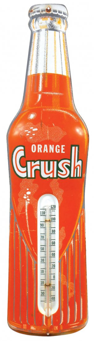 Soda fountain bottle-shape thermometer, Orange-Crush,: Soda fountain bottle-shape thermometer, Orange-Crush, diecut embossed metal, VG to Exc cond w/a couple minor scratches, 28"H x 6.5"W.