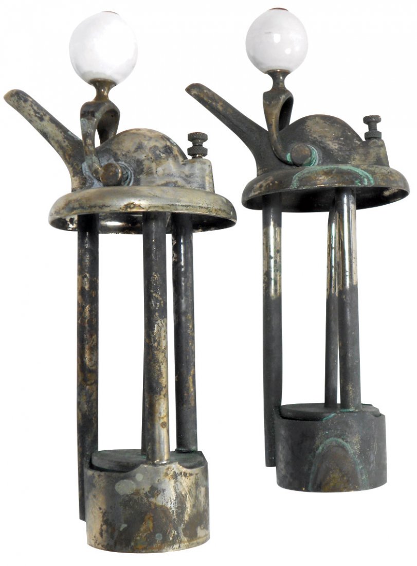 Soda fountain syrup pumps (2), ball-style pumps: Soda fountain syrup pumps (2), ball-style pumps w/porcelain knobs, fit most early 1900's dispensers & are hard to find, Exc working cond w/minor corrosion, 12"H.