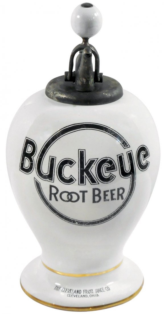 Syrup dispenser, Buckeye Root Beer, from the Cleveland: Syrup dispenser, Buckeye Root Beer, from the Cleveland Fruit Juice Co.-Cleveland, O., advertising on both front & back, c.1910, correct style ball pump, VG+ to Exc cond w/minor wear on gold bands & ad