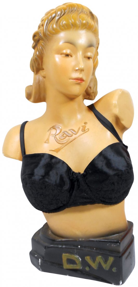 Advertising display, "Ravi" French brassiere plaster: Advertising display, "Ravi" French brassiere plaster bust, VG cond w/minor edge wear, very cool, 24"H x 12.5"W x 7"D.