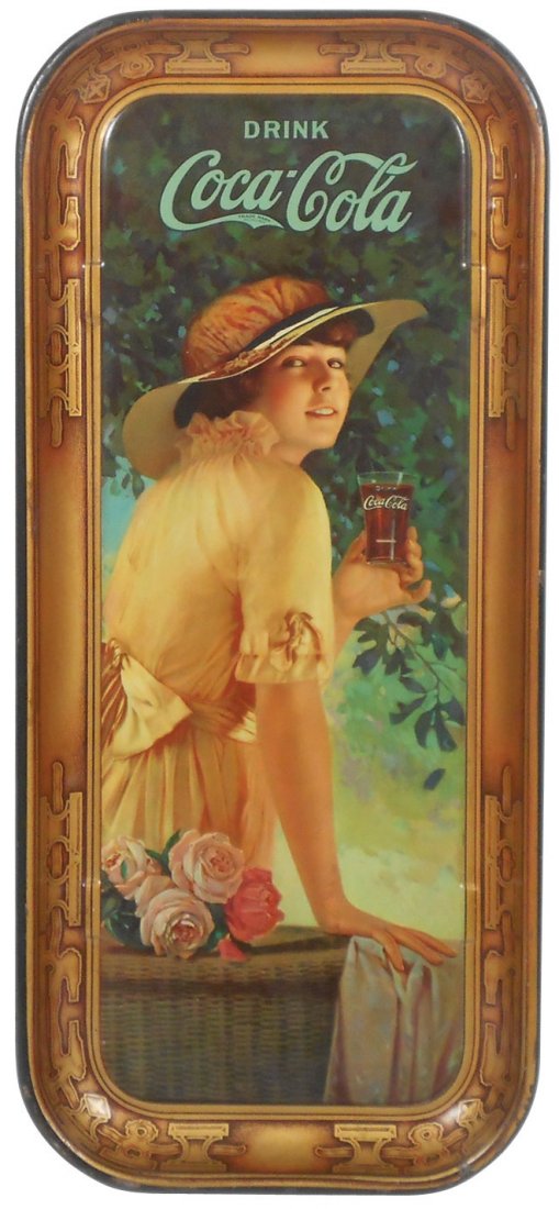 Coca-Cola serving tray, 1916, Elaine, litho on metal by: Coca-Cola serving tray, 1916, Elaine, litho on metal by Stelad Sign Co., Exc+ cond, 19.25"H x 8.75"W.