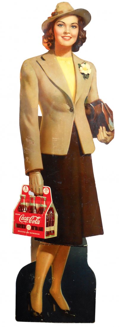 Coca-Cola cdbd cutout w/easel back, life size standup: Coca-Cola cdbd cutout w/easel back, life size standup of girl carrying 6 pack, folds at knees, c.1940, Good overall cond w/inpainted scuffs & old bend in handbag, 64"H x 25"W