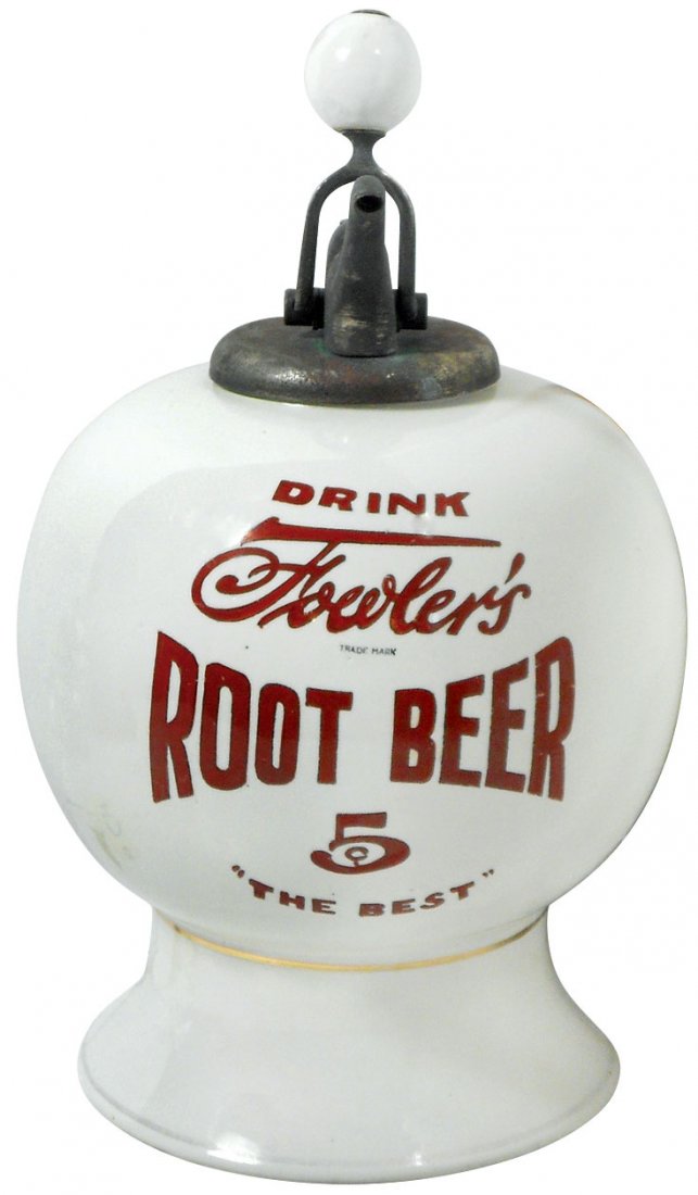 Syrup dispenser, Fowler's Root Beer, 5 Cents, c.1910,: Syrup dispenser, Fowler's Root Beer, 5 Cents, c.1910, correct style ball pump, advertising on both front & back, VG to Exc cond w/some undetectable prof repair on top flange & some wear on bottom gold