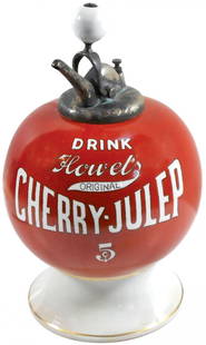 Syrup dispenser, Howel's Cherry-Julep, dated 1916 on: Syrup dispenser, Howel's Cherry-Julep, dated 1916 on bottom, correct style ball pump, Exc cond w/great paint, 15.5"H.