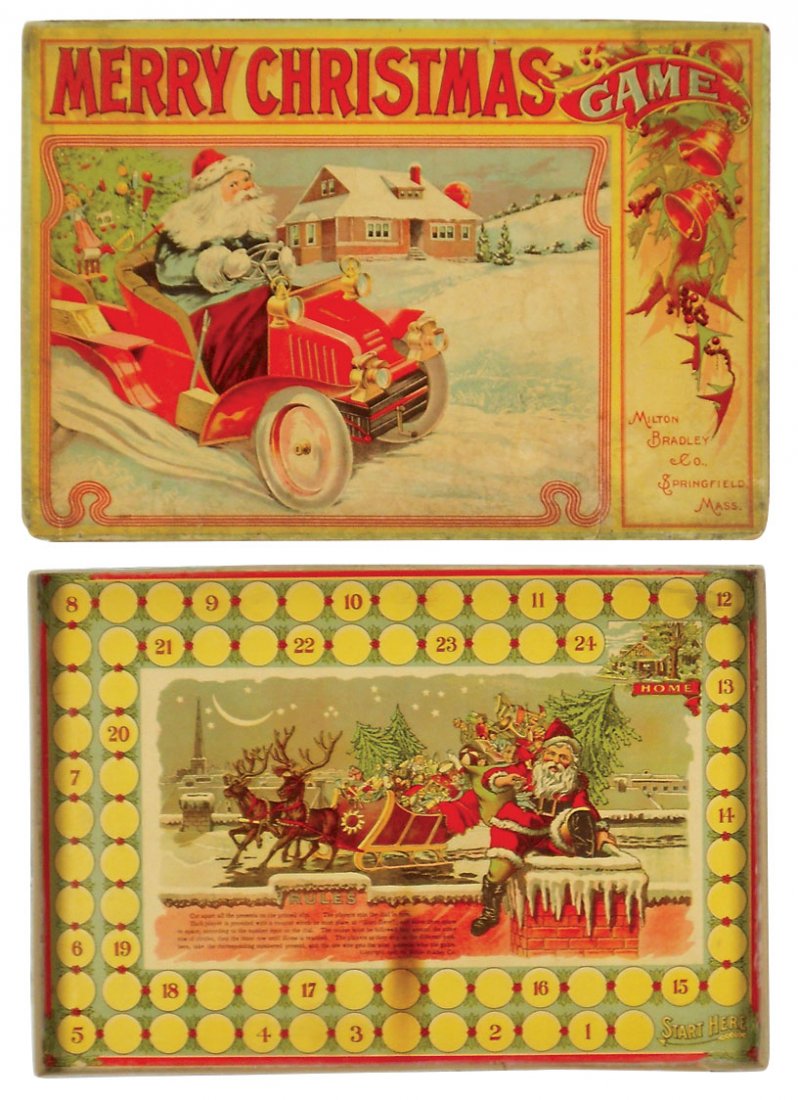 Game, Milton Bradley Merry Christmas, c.1907, Santa in: Game, Milton Bradley Merry Christmas, c.1907, Santa in early auto on box & wonderful litho of him on chimney on game board (which is the bottom of the box), box & game board only, VG cond w/some loss 