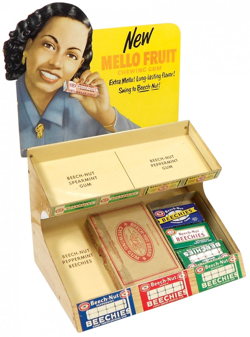 Black Americana, Beech-Nut display rack, metal w/diecut: Black Americana, Beech-Nut display rack, metal w/diecut cdbd topper & box w/4 packs of gum, VG+ cond w/minor metal wear & light crease on topper, 18"H x 12.25"W x 8.25"D.
