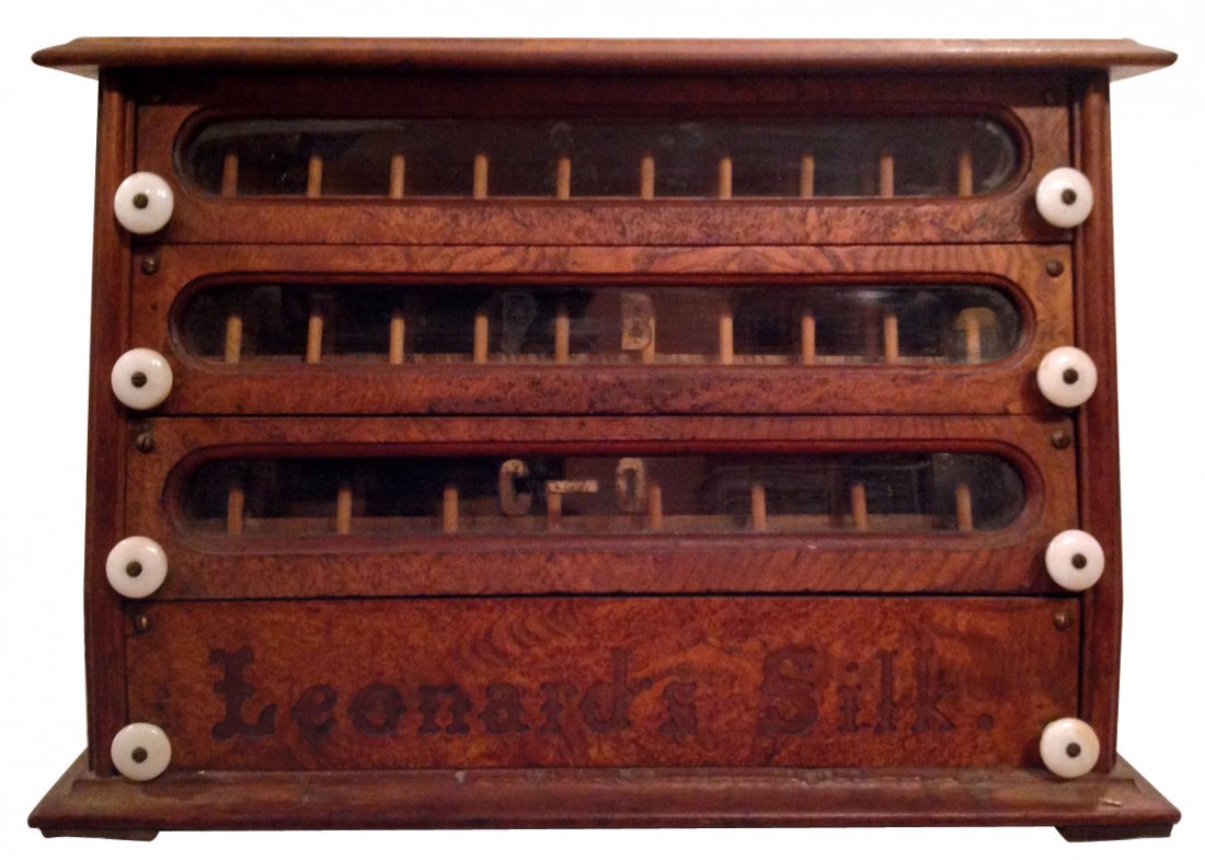 Spool cabinet, Leonard, walnut & burl 4-drwr for large: Spool cabinet, Leonard, walnut & burl 4-drwr for large spools, wonderful graphics on paneled sides, c.1878, very unusual, Exc cond w/orig finish, 13"H x 20"W x 7"D.