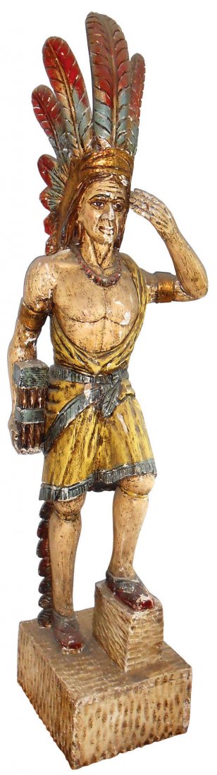 Cigar Store Indian, Indian Chief w/cigars, painted: Cigar Store Indian, Indian Chief w/cigars, painted plaster over wood, some paint loss, VG cond, 72"H x 14"W.