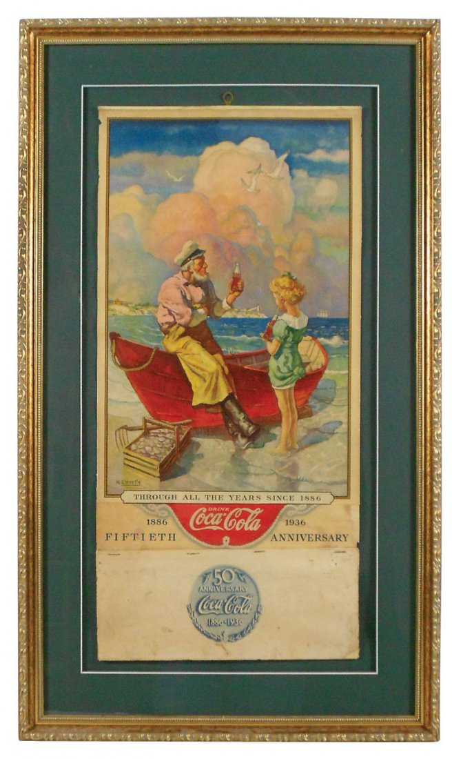 Coca-Cola calendar, c.1936, Fiftieth Anniversary: Coca-Cola calendar, c.1936, Fiftieth Anniversary calendar, "Through all the years since 1886," sea scene w/old man & young girl, Jan-Dec calendar pad, VG+ cond w/minor edge wear, prof framed 32.5"H x 