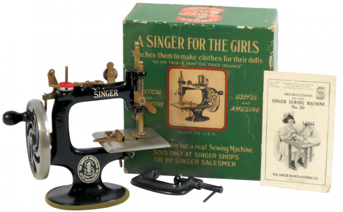 Toy, sewing machine, Singer No. 20 w/orig clamp,: Toy, sewing machine, Singer No. 20 w/orig clamp, instructions & box, c.1926, Exc+ cond, 7"H x 7.5"W.