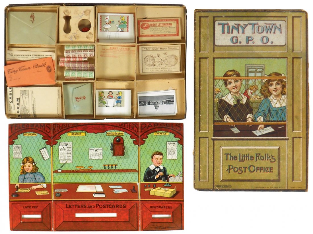 Toy, Spears Tiny Town "The Little Folks Post Office",: Toy, Spears Tiny Town "The Little Folks Post Office", litho on cdbd w/orig contents, Good cond w/edge loss on outer box, 14"H x 8.75"W.