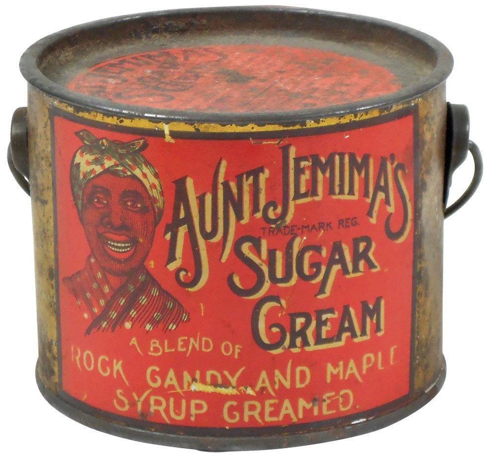 Black Americana, Aunt Jemima’s Sugar Cream litho on tin: Black Americana, Aunt Jemima’s Sugar Cream litho on tin pail, Good+ cond, 3.5"H x 4.25"Dia.
