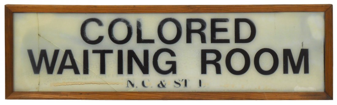 Black Americana, "Colored Waiting Room N. C. & St. L,": Black Americana, "Colored Waiting Room N. C. & St. L," railroad sign, reverse on glass, framed, back stamp reads, "July 21, 1923", Good cond w/2-pc break on L side & some paint separation, 9"H x 31"W.