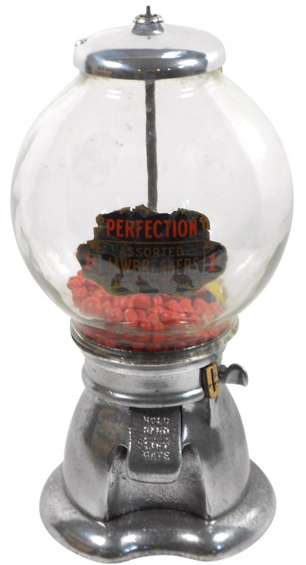 Coin-operated gumball machine, Perfection 1 Cent, cast: Coin-operated gumball machine, Perfection 1 Cent, cast aluminum, glass globe w/orig decal, globe has 3.5" glued break on flange near back, o/wise Good overall cond, 17"H.