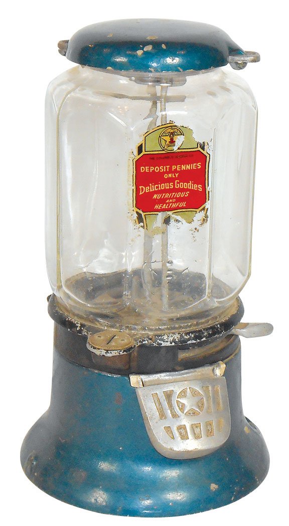 Coin-operated gumball machine, Columbus, Model M, 1: Coin-operated gumball machine, Columbus, Model M, 1 Cent w/orig blue paint, VG cond w/no bottom plate (See Rich for bottom), 13.5"H.