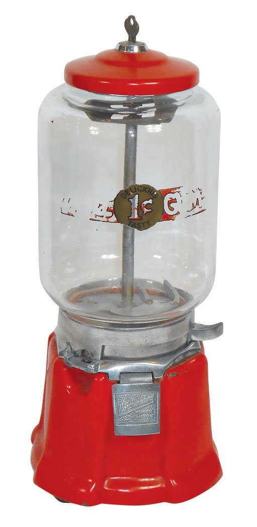 Coin-operated gumball machine, Northwestern, Model #: Coin-operated gumball machine, Northwestern, Model # 33, 1 Cent, red porcelain, small area of loss on side, o/wise Exc cond w/key, 14.5"H.