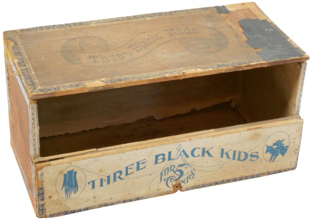 Black Americana cigar box, Three Black Kids Charles: Black Americana cigar box, Three Black Kids Charles Gross Perfecto cigar box, wood, strong graphic, minor edge loss to labels, o/wise Good cond, 4.75"H x 9.5"W x 4.5"D closed.