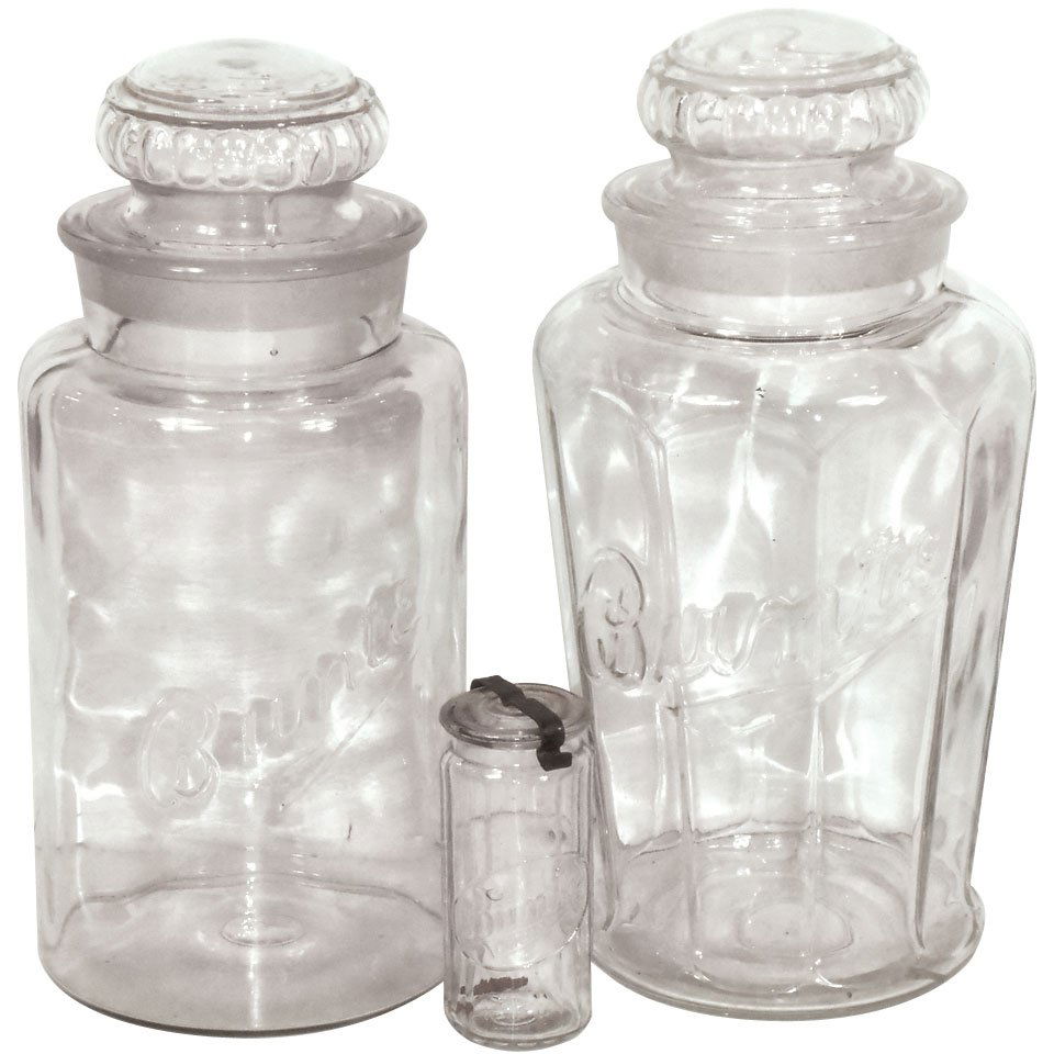 Candy jars (3), Bunte, embossed glass w/ground necks &: Candy jars (3), Bunte, embossed glass w/ground necks & lids, Exc cond, 4" to 12"H.