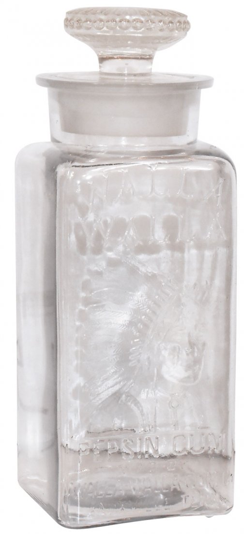 Chewing gum jar, Walla Walla Pepsin Gum, embossed: Chewing gum jar, Walla Walla Pepsin Gum, embossed Indian on front, ground neck & lid, Exc cond, 13"H x 5"Sq.