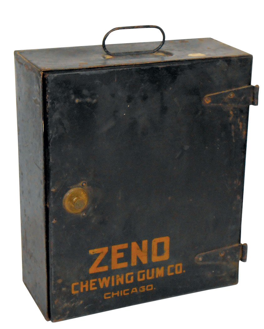Chewing gum safe, Zeno Chewing Gum Co. combination: Chewing gum safe, Zeno Chewing Gum Co. combination safe, steel box w/handle, a premium from Zeno Gum Co., VG cond w/no lock, 13.5" x 11.5".
